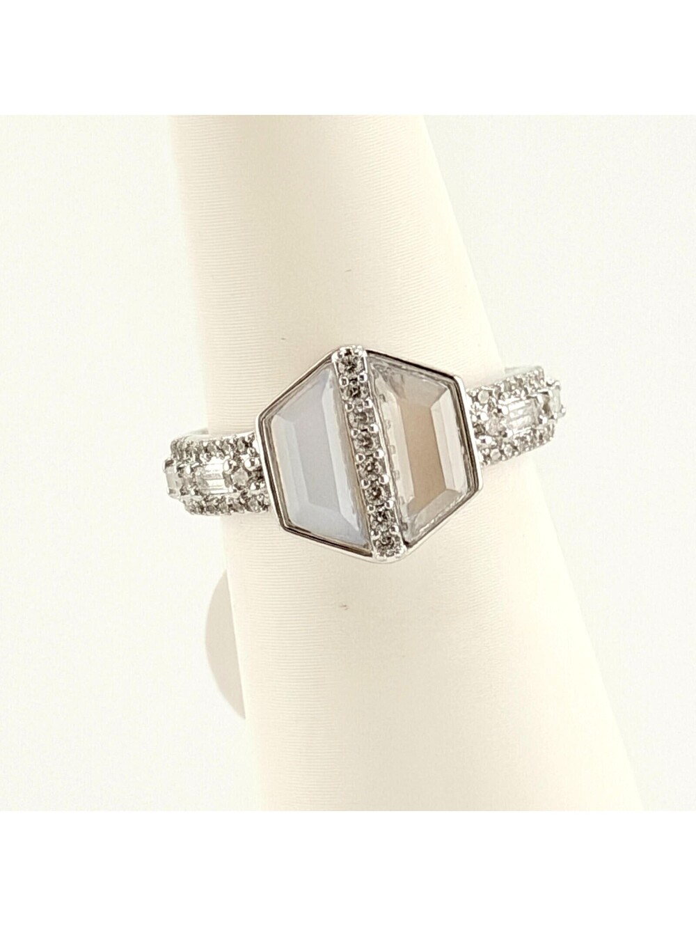 Bomb Party Ring Sz 10 "Split Then Stay Together" Moonstone & Clear Cz on Rhodium